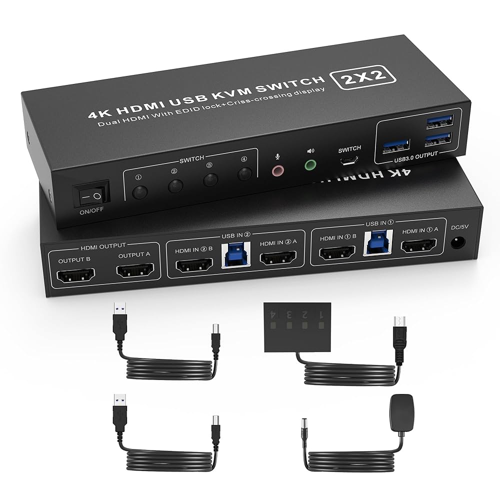 2HDMI+DisplayPort USB 3.0 KVMスイッチ スイッチャー Amazon.com: KVM Switch 3 Monitors 2 Computers Share 1000Mbps